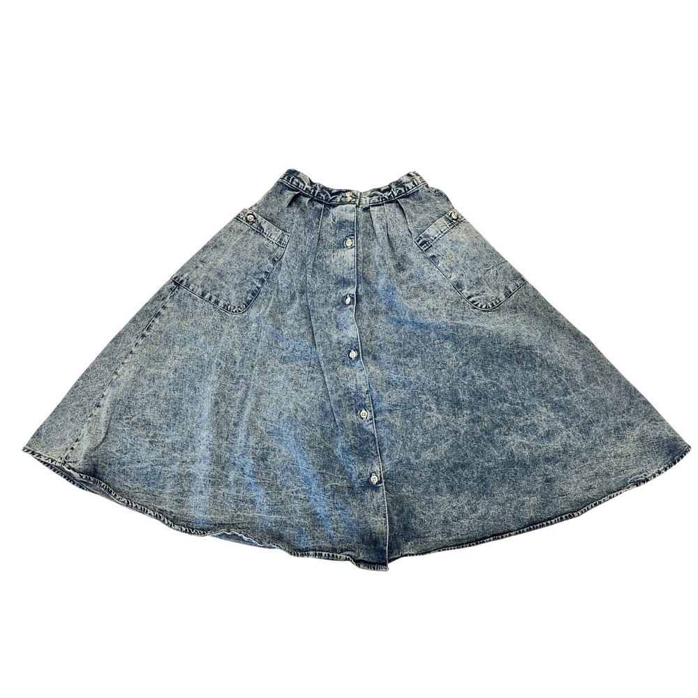 Vintage 80s OshKosh B'gosh Acid Wash Denim Jean Button Front Midi Skirt Size 8